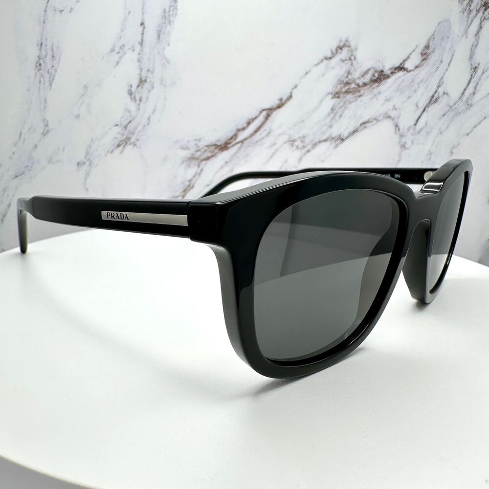 New PRADA Sunglasses Black Acetate Square Silver Metal Logo 53mm Gray Lens - Picture 7 of 16